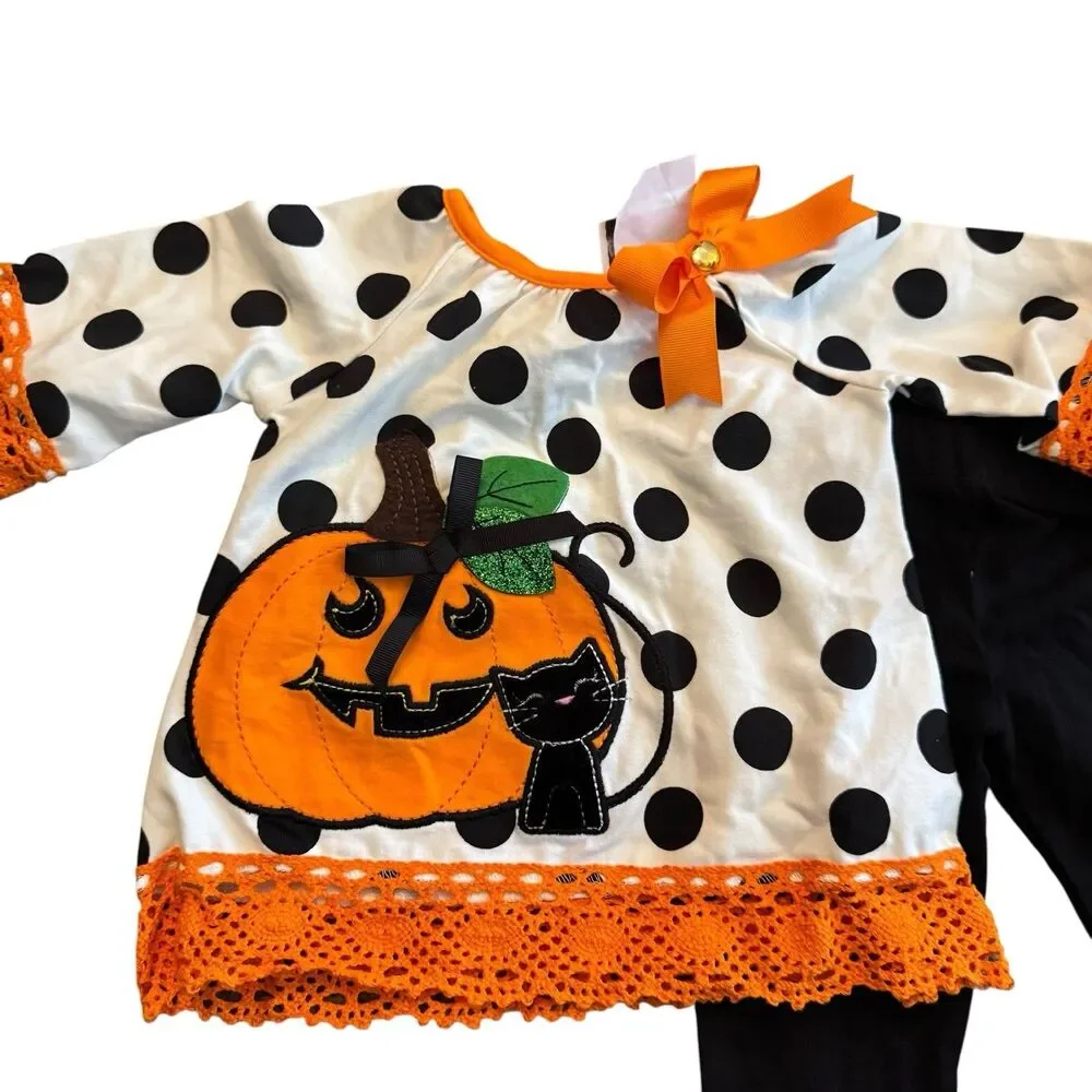 NWT Girls 6 Months Rare Editions Black Orange Halloween Theme Outfit pumpkin Cat